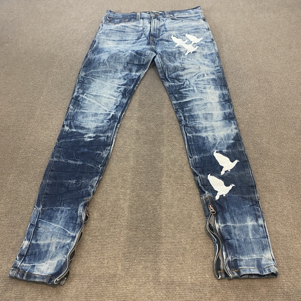 Golden Denim Jeans Mens 30x34 Blue Acid Wash Birds‎ Ankle Zip Moto Made In USA
